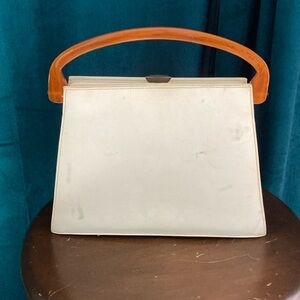 Vintage Ivory White Satin Lined Handbag / Purse with Butterscotch Lucite Handle